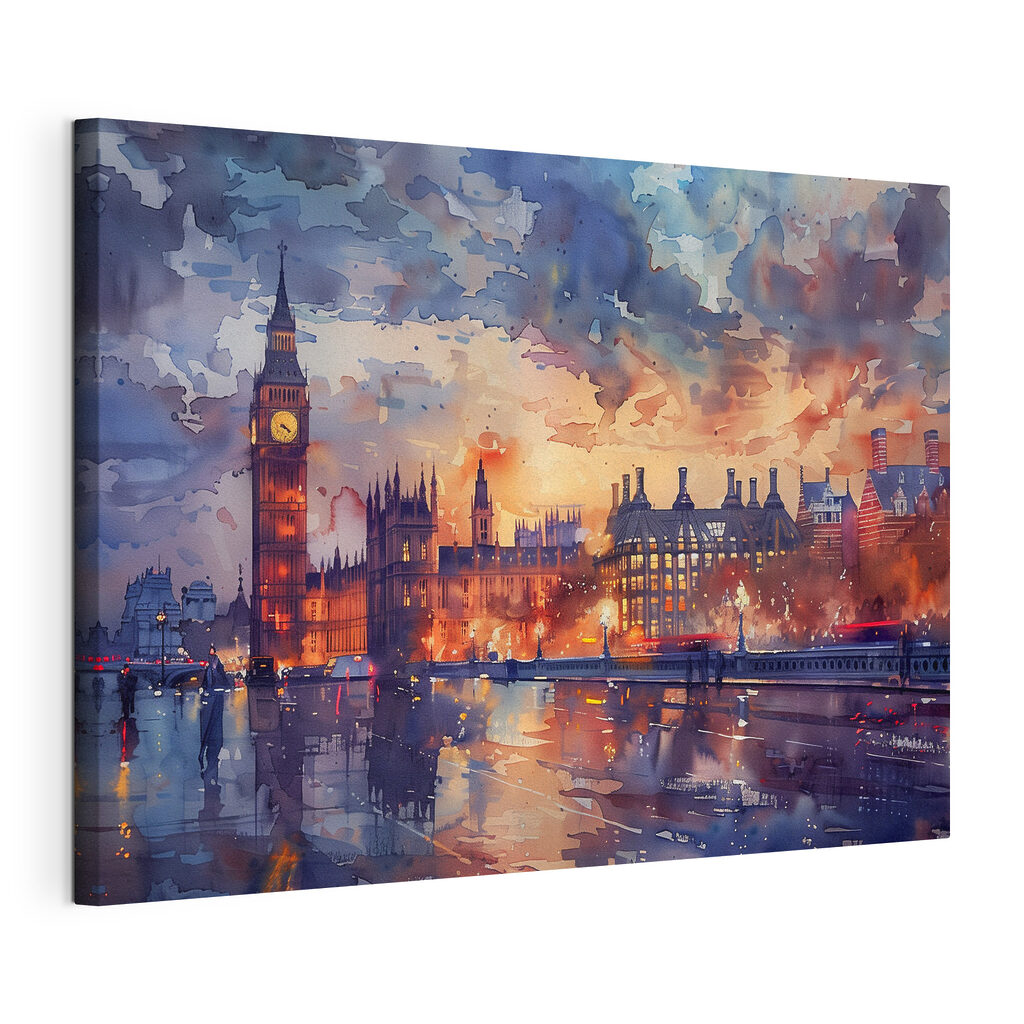 A watercolor painting of a city with a clock tower and a river A watercolor painting of a city with a clock tower and a river
