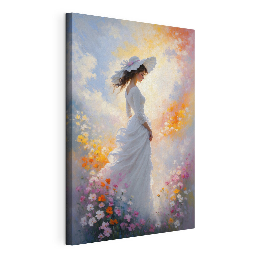 A woman in a white dress and hat