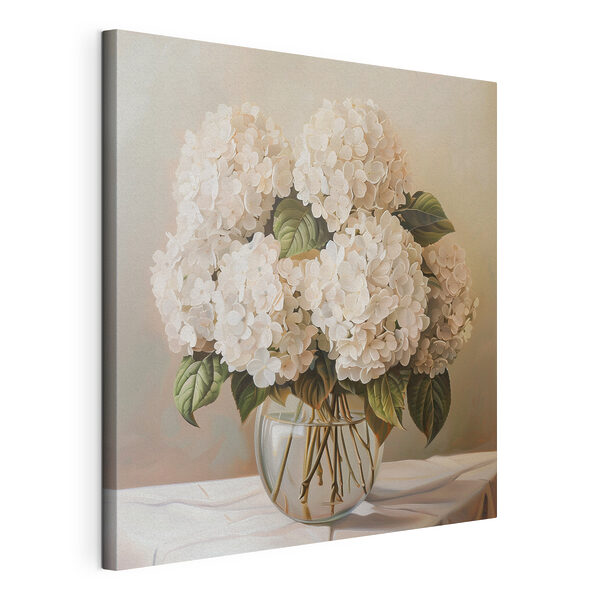 A painting of a bouquet of white flowers in a glass vase