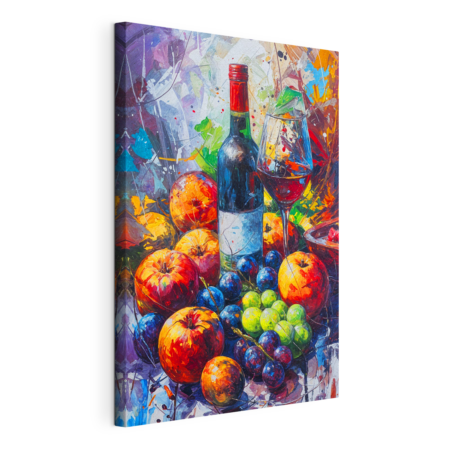 A painting of a wine bottle and fruit