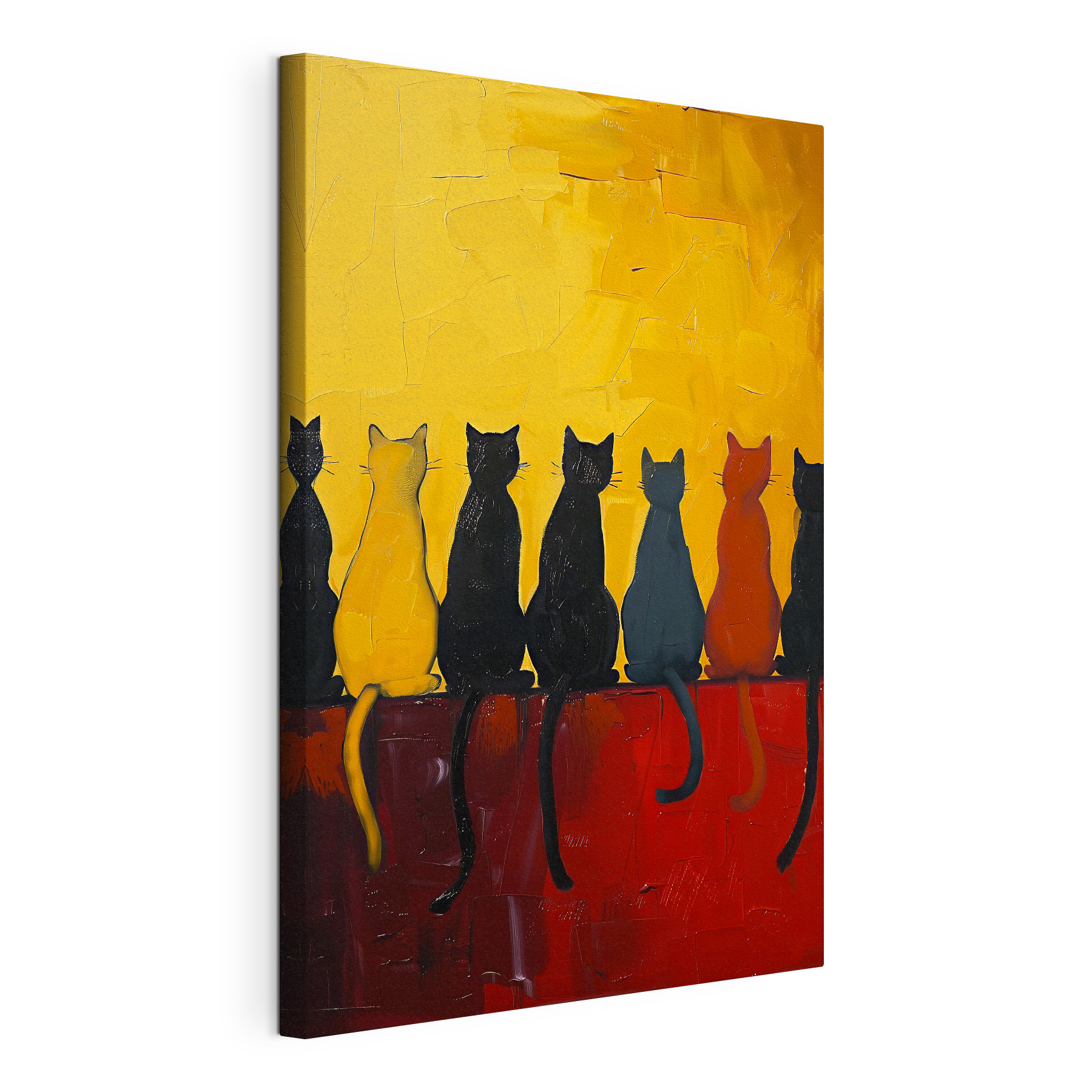 A group of cats sitting on a red surface A group of cats sitting on a red surface