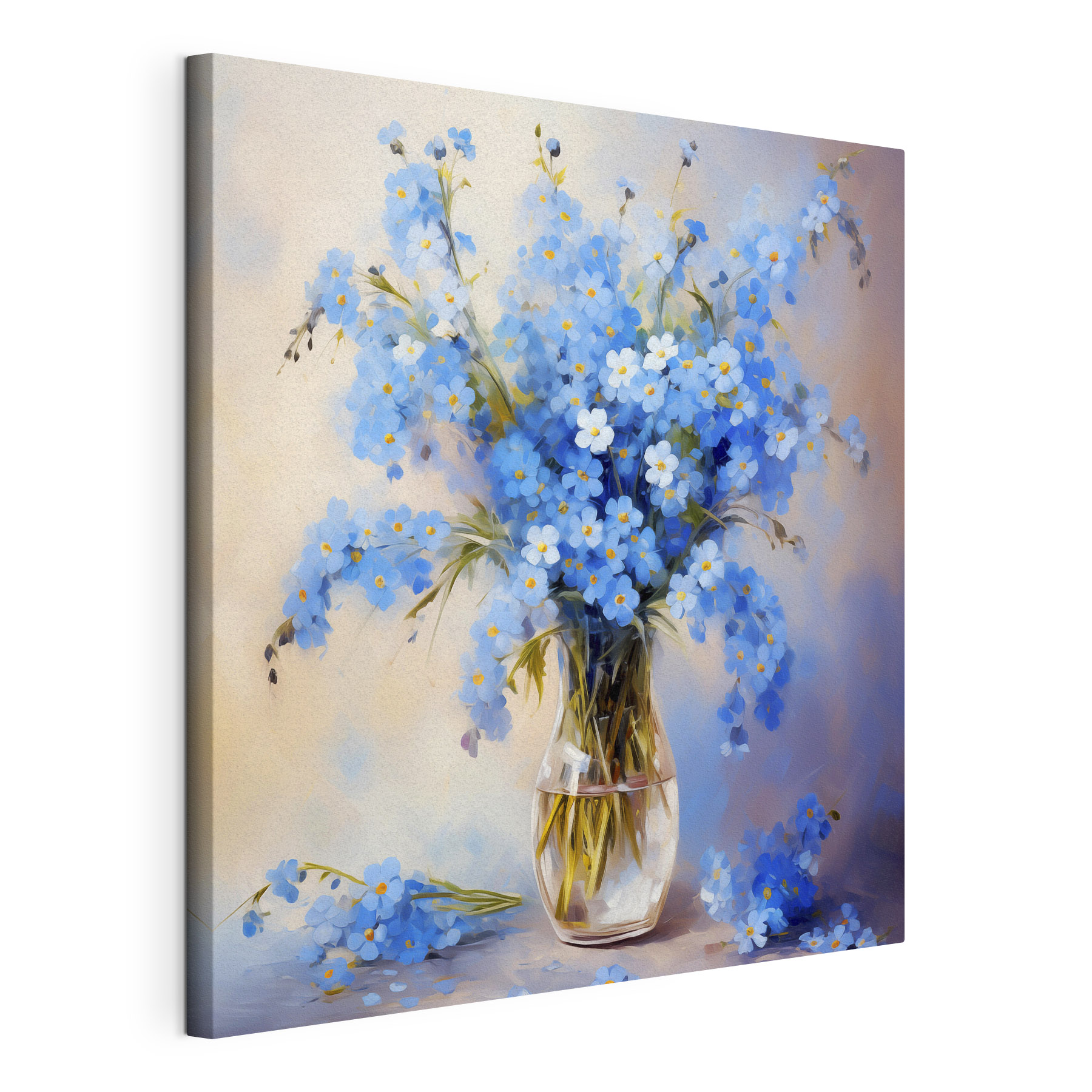 A painting of blue flowers in a vase