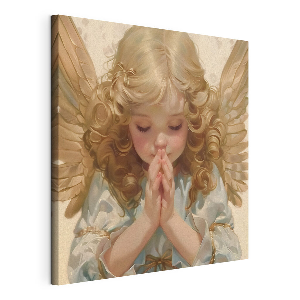 Child with blonde hair and wings praying