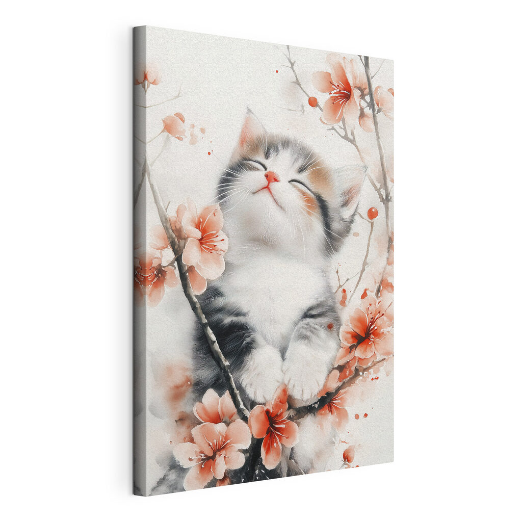 Cat sitting on a tree with flowers