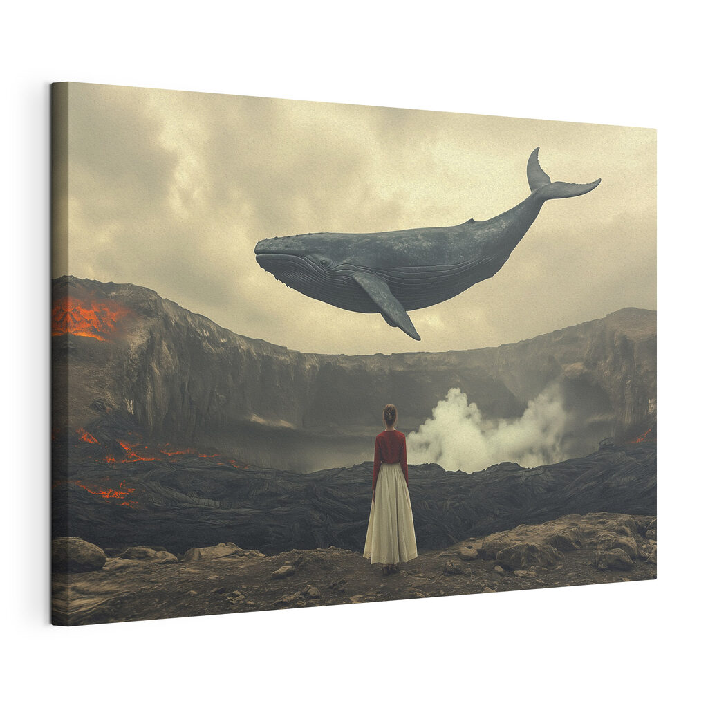 Woman looking at a whale flying over a volcano Woman looking at a whale flying over a volcano