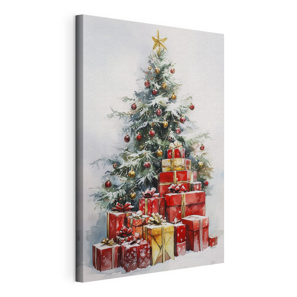 Watercolor of presents under a christmas tree