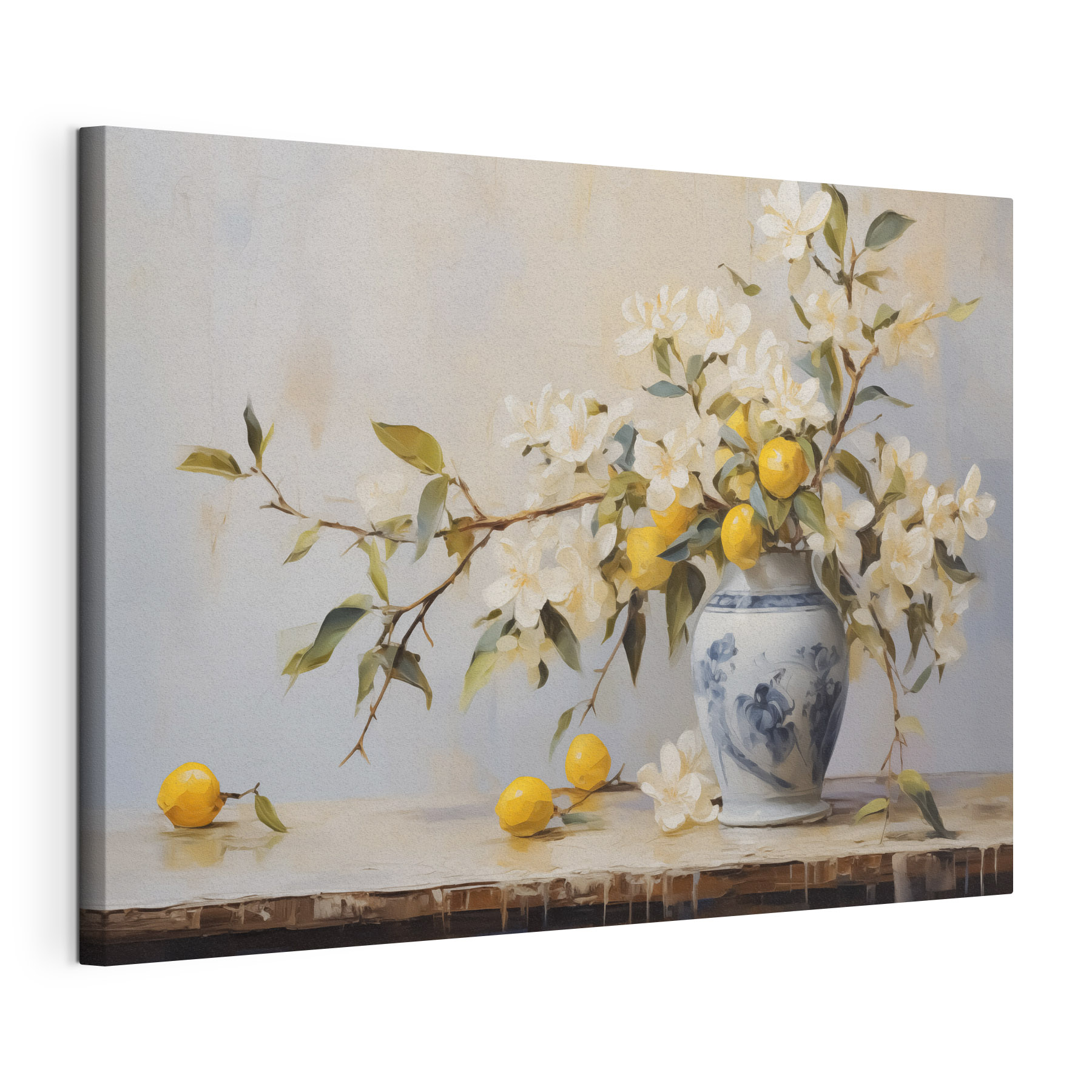 Painting of a vase with flowers and lemons Painting of a vase with flowers and lemons