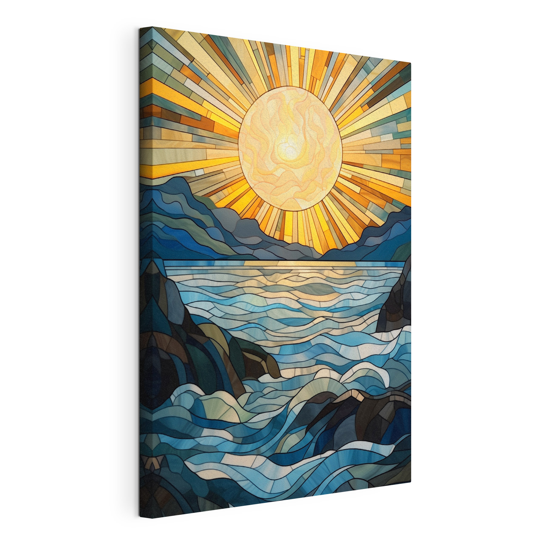 Stained glass window with a sun over a river
