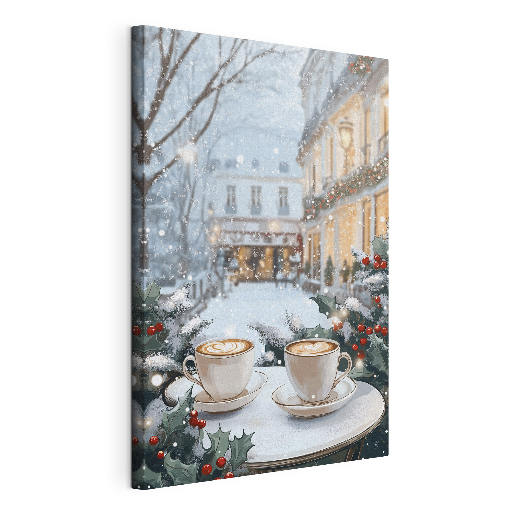 Two cups of coffee on a table in front of a snowy street Two cups of coffee on a table in front of a snowy street