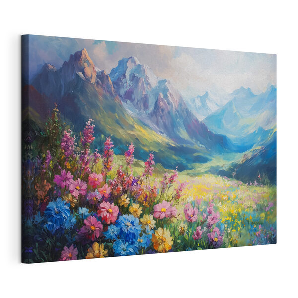 Painting of flowers in a field with mountains in the background Painting of flowers in a field with mountains in the background