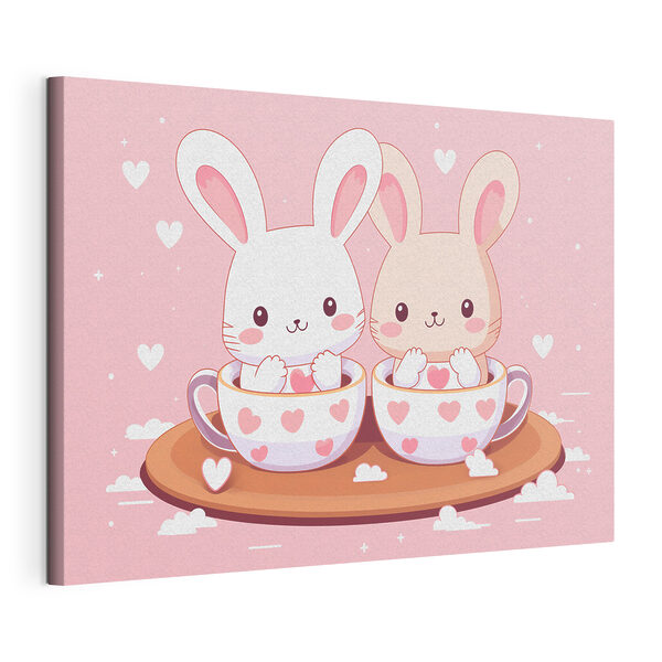 Two cartoon rabbits in tea cups Two cartoon rabbits in tea cups