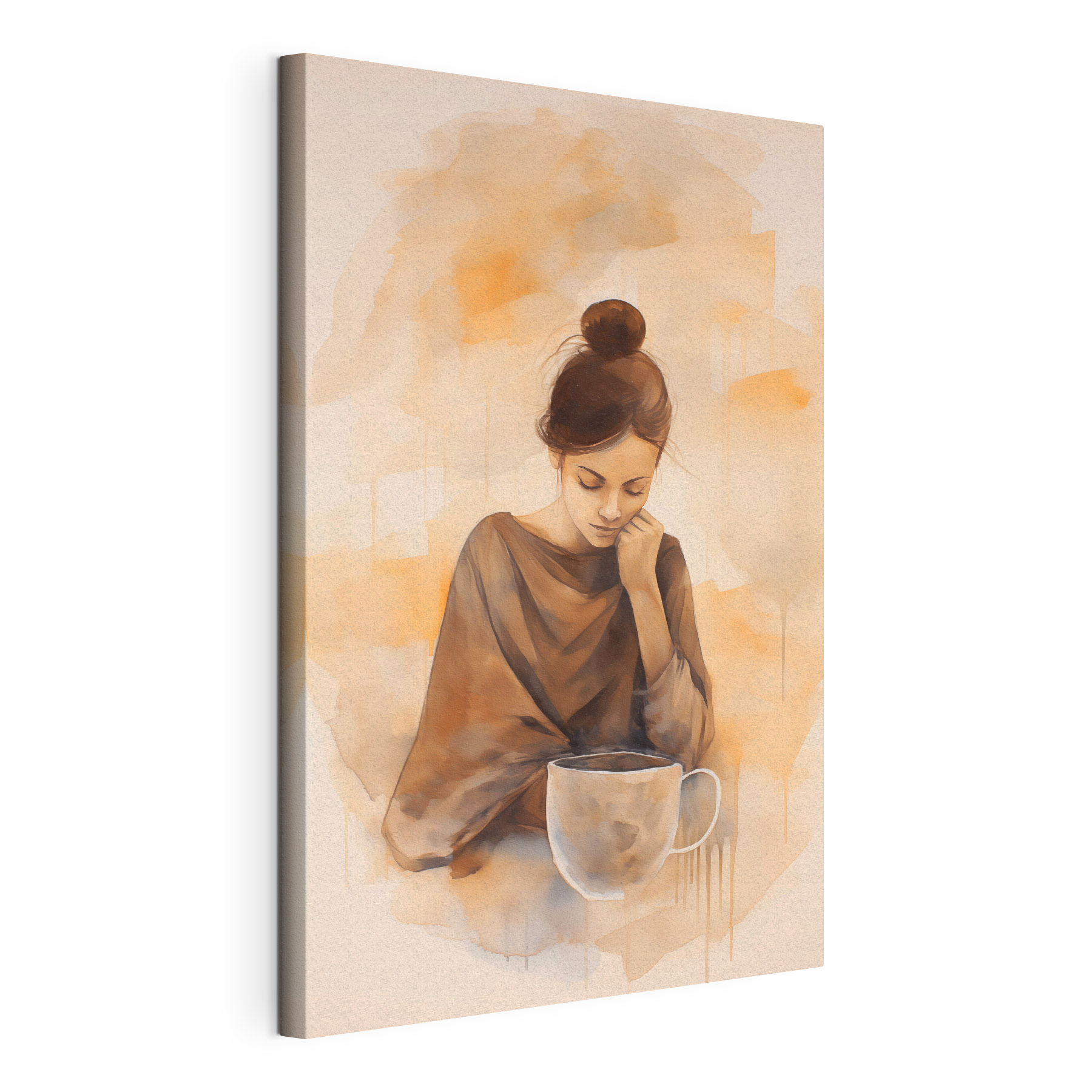 Woman with her hand on her face looking down at a cup of coffee