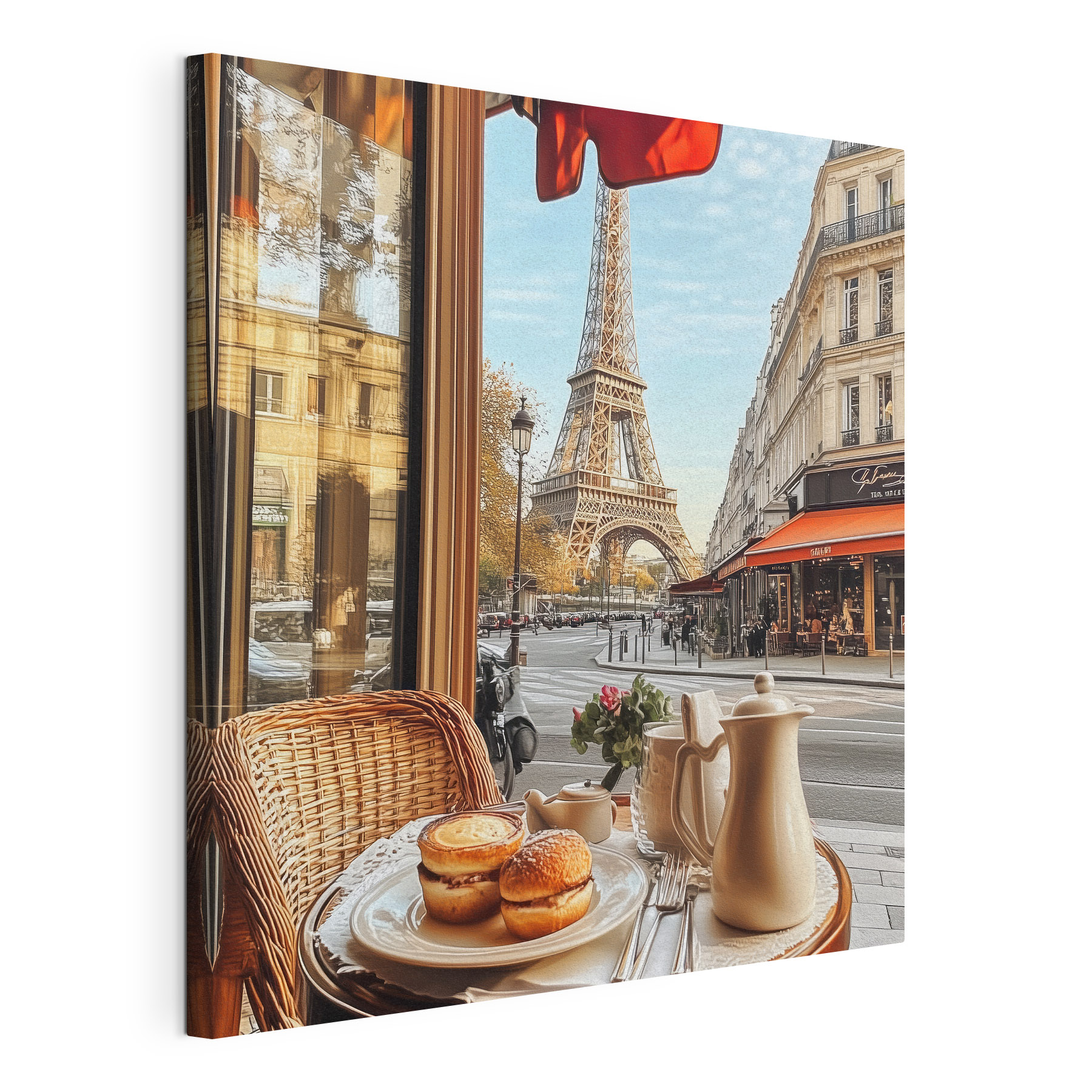 Table with food on it and a table with a tower in the background Table with food on it and a table with a tower in the background