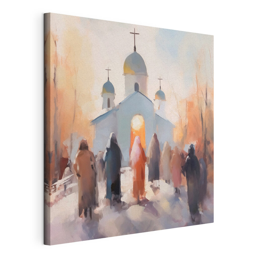 Group of people walking in front of a church