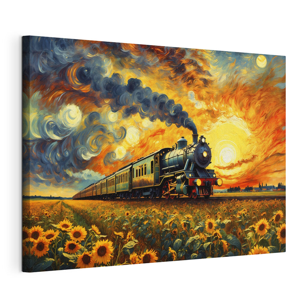 Train on the tracks with sunflowers and smoke coming out of the engine