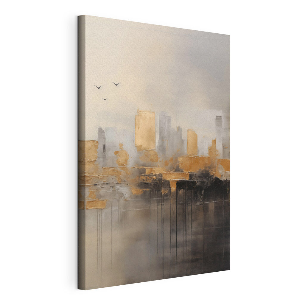 Painting of a city with birds flying in the sky Painting of a city with birds flying in the sky