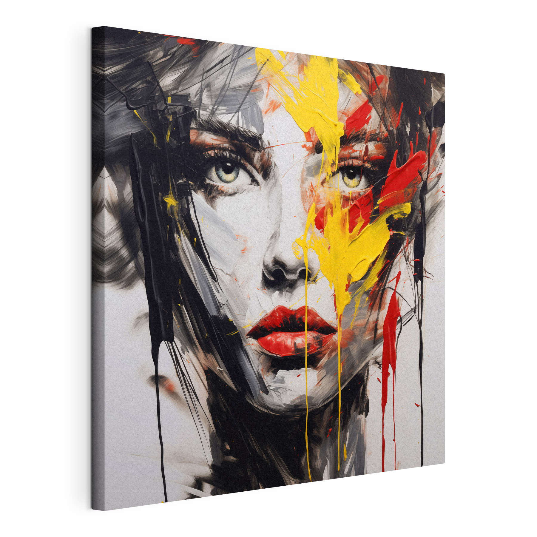 Painting of a woman's face with red yellow and black paint