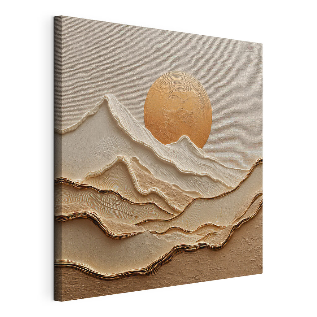 Painting of mountains and sun