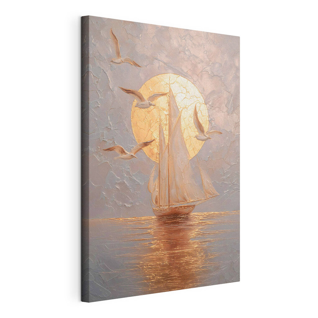 Painting of a sailboat and birds