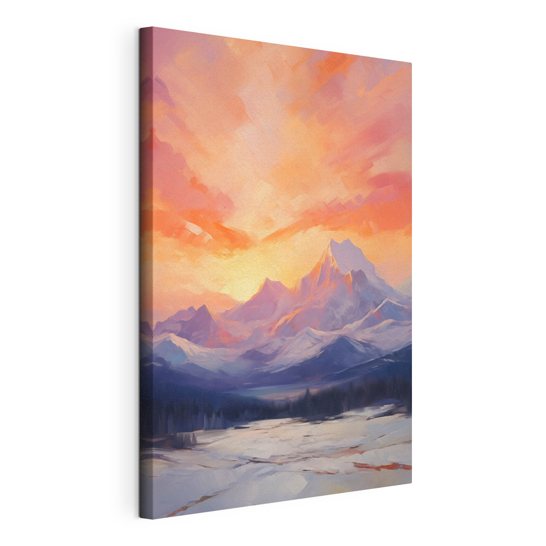 Painting of a mountain range with a lake and trees Painting of a mountain range with a lake and trees