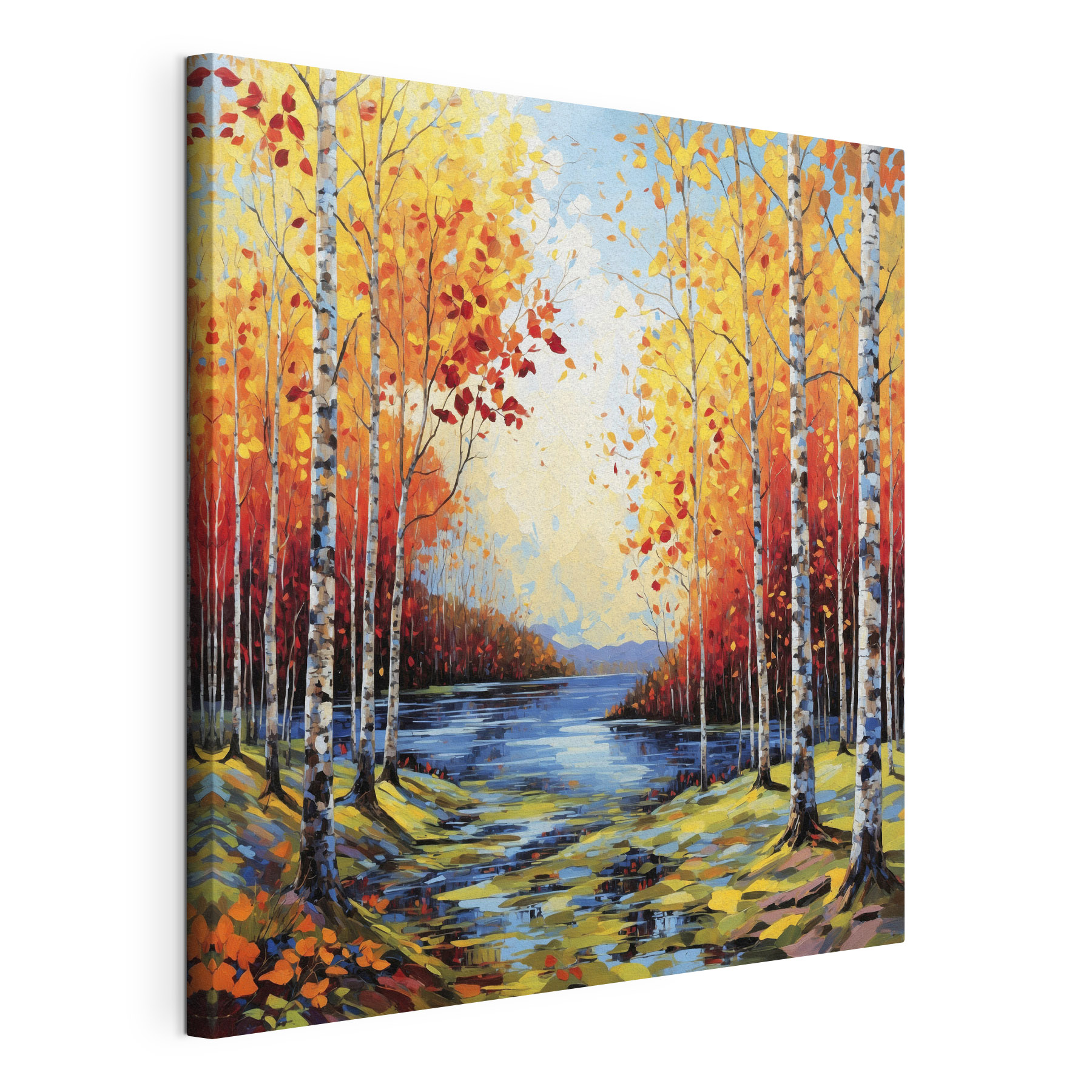 Painting of a river with trees and leaves
