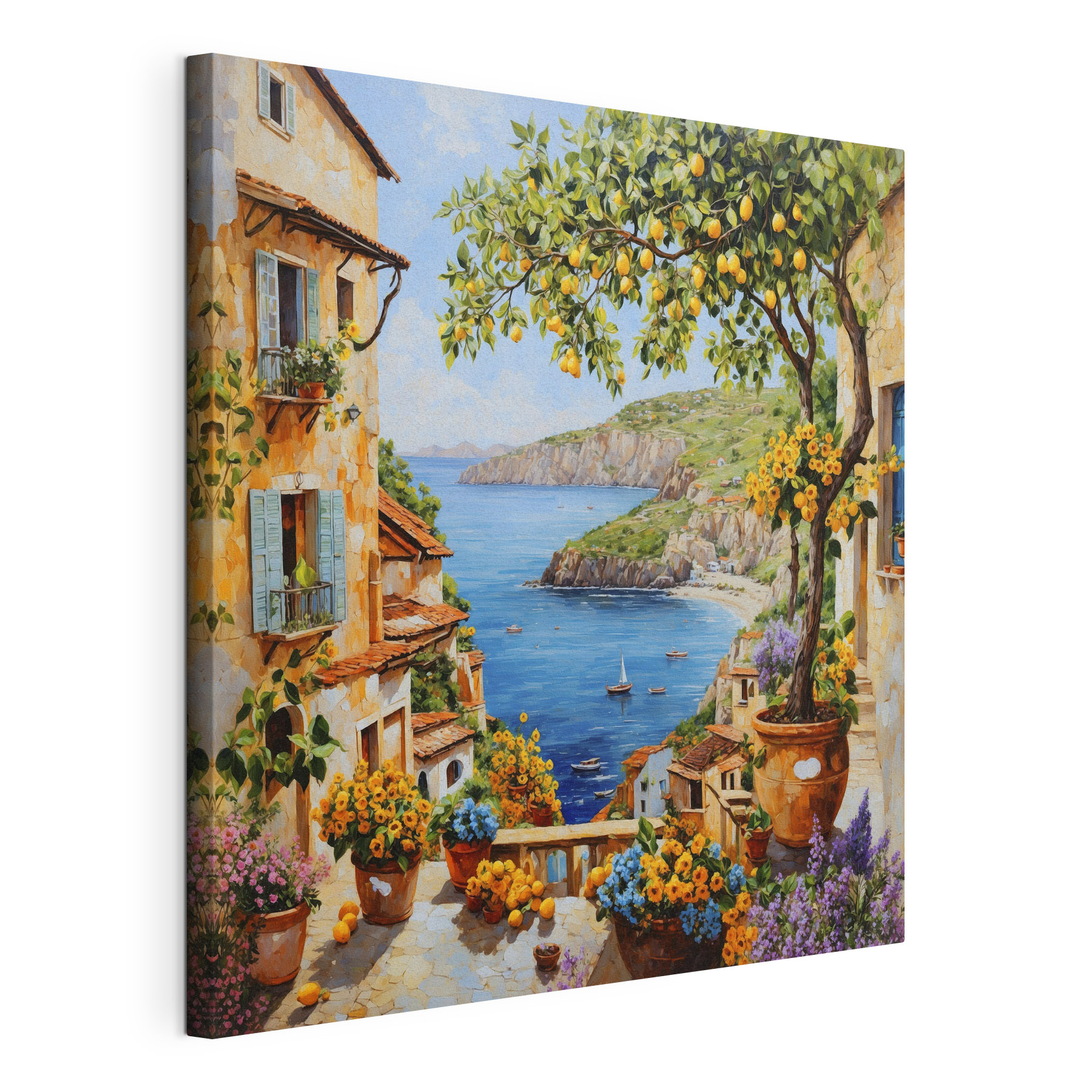 Painting of a town with a body of water and a bay Painting of a town with a body of water and a bay