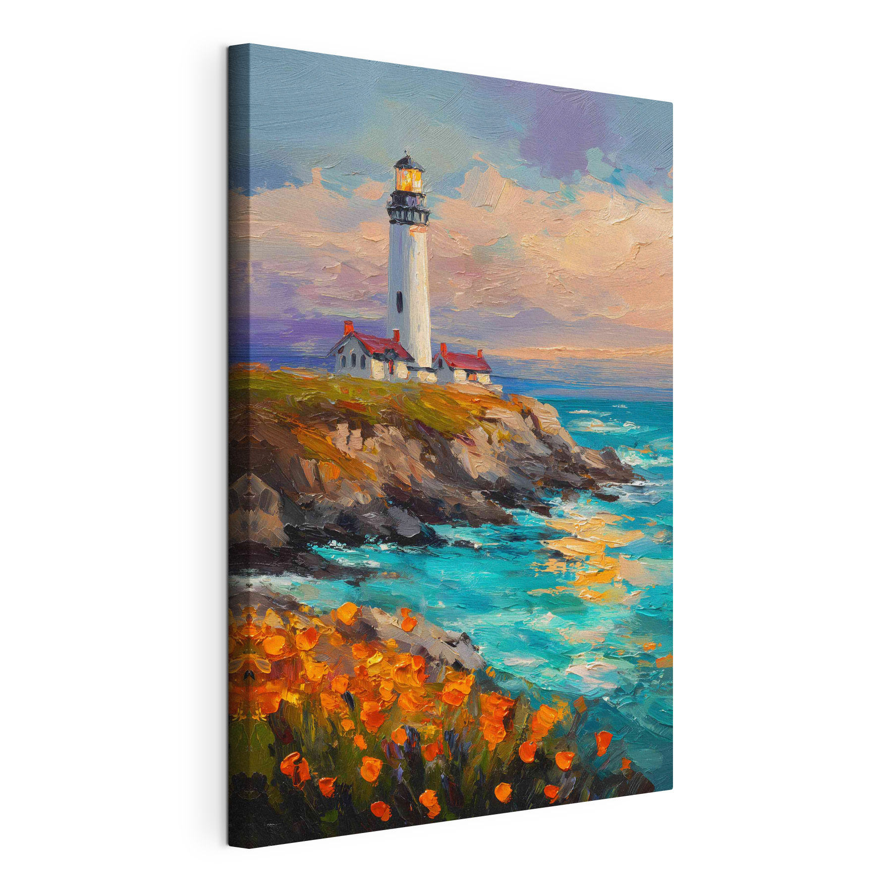 Painting of a lighthouse on a cliff by the ocean