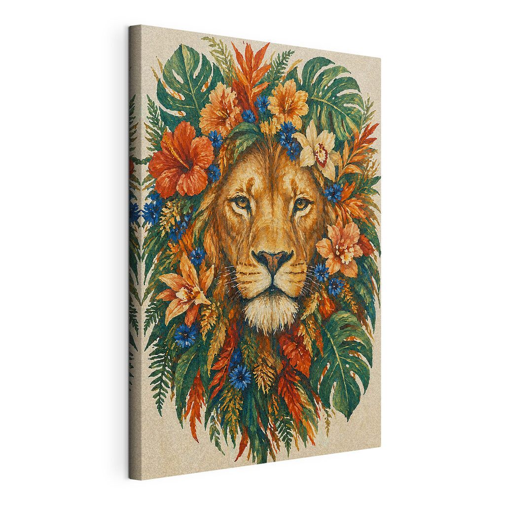 Painting of a lion with flowers Painting of a lion with flowers