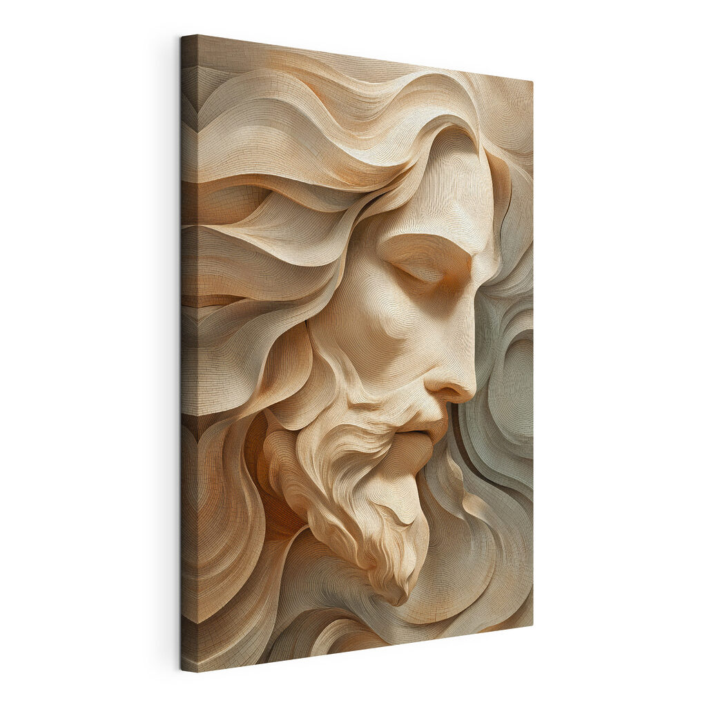Wood carving of a man's face