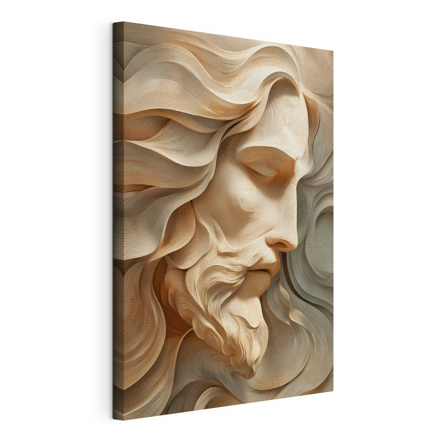 Wood carving of a man's face