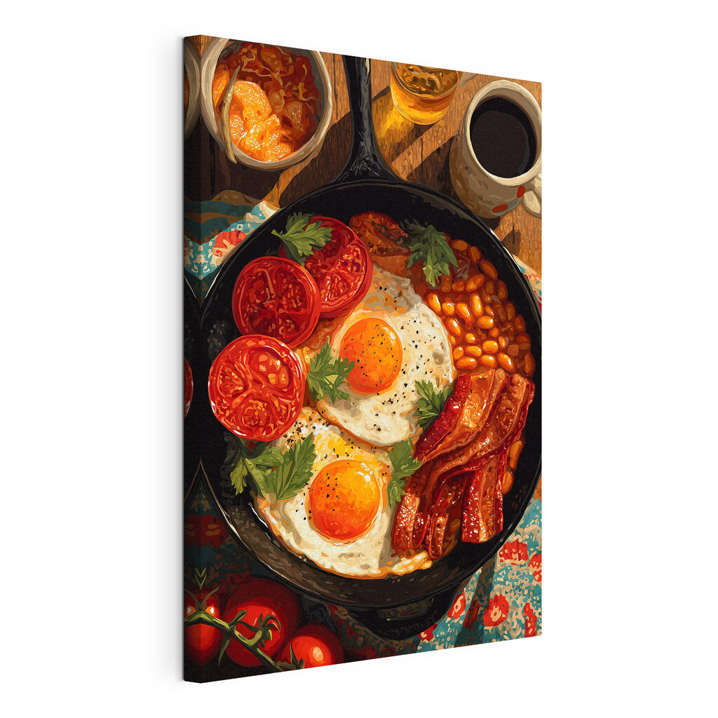 Pan of food with eggs bacon beans and tomatoes Pan of food with eggs bacon beans and tomatoes