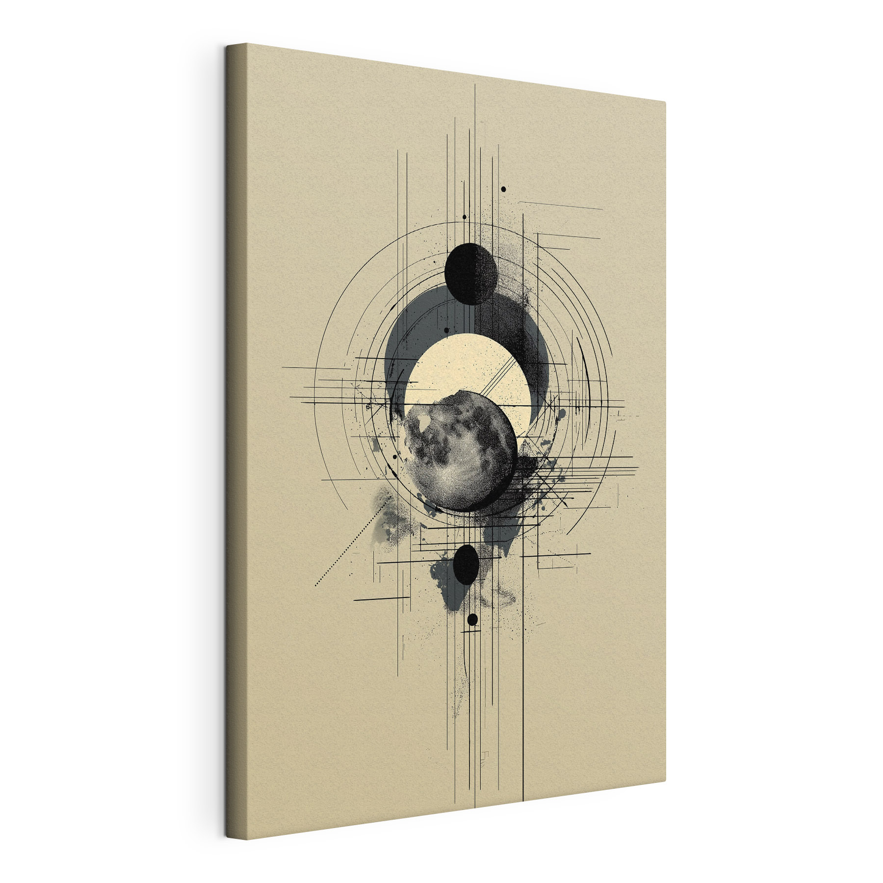 Black and white drawing of a moon and circles