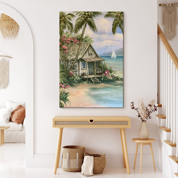 Painting of a house on a beach Painting of a house on a beach