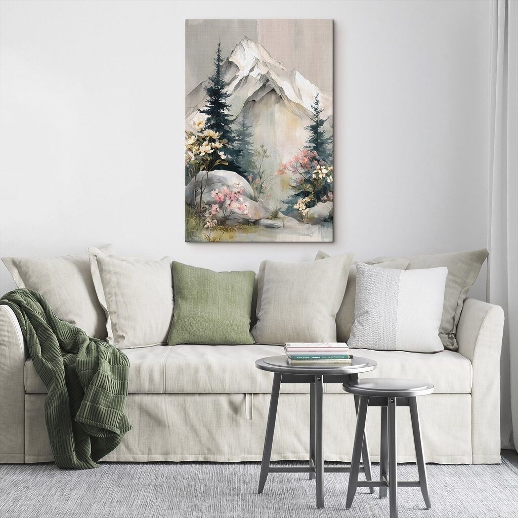 Painting of a mountain with trees and flowers Painting of a mountain with trees and flowers
