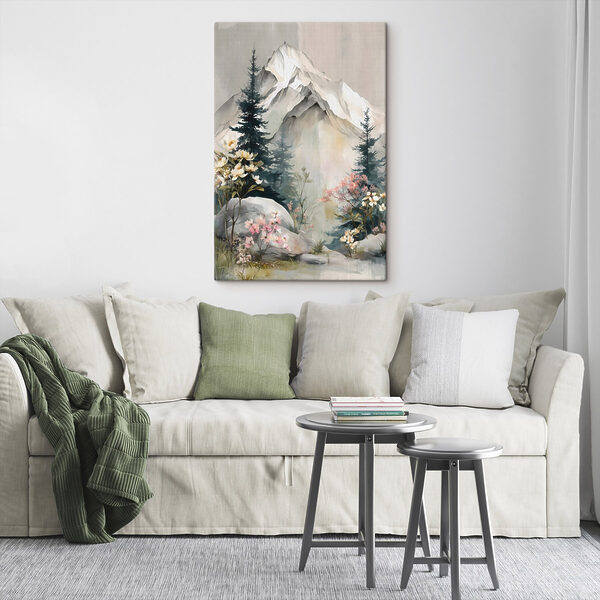 Painting of a mountain with trees and flowers Painting of a mountain with trees and flowers