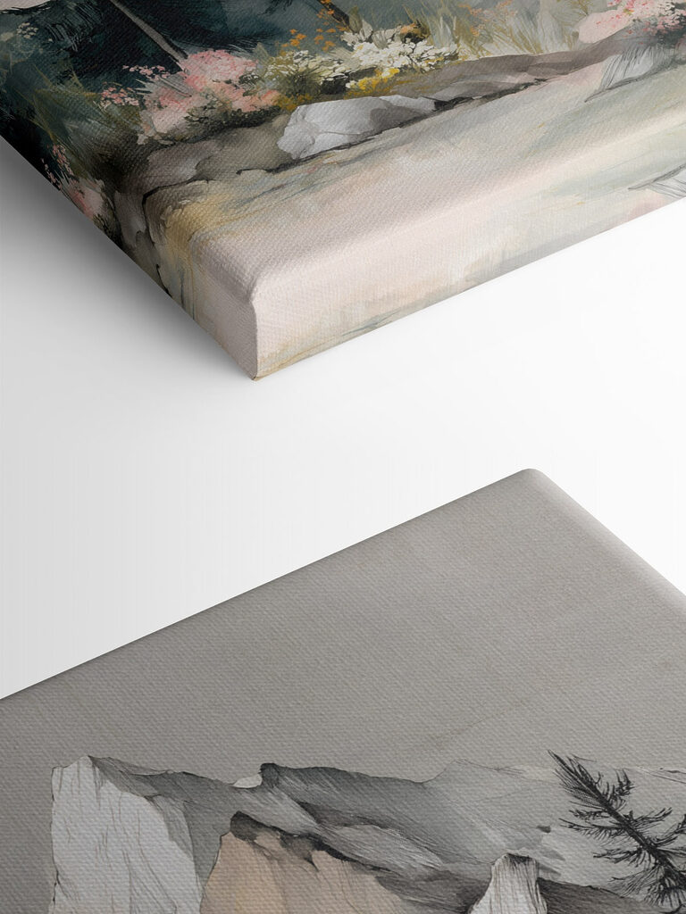 Painting of a mountain with trees and flowers Painting of a mountain with trees and flowers