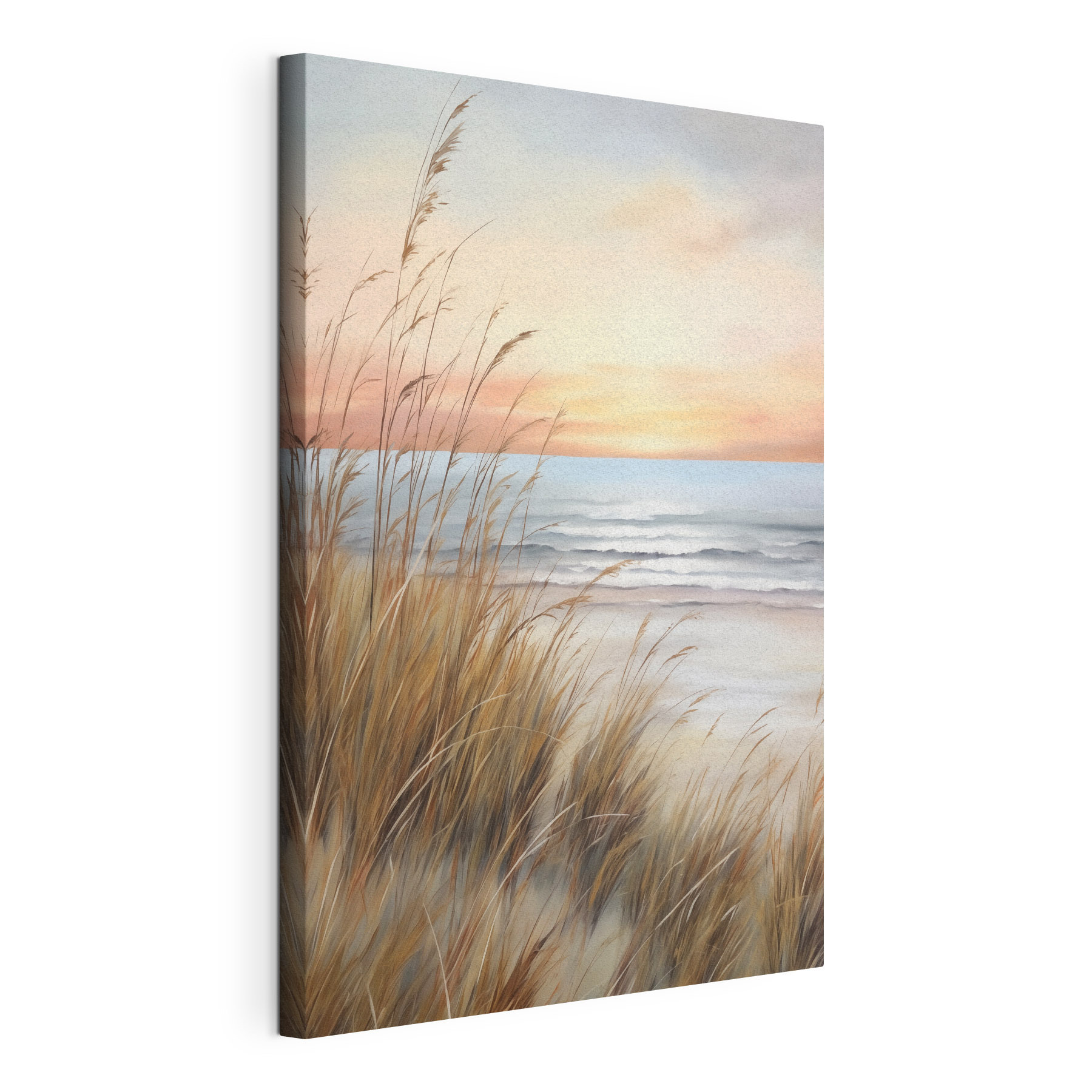 Painting of a beach with tall grass and water Painting of a beach with tall grass and water