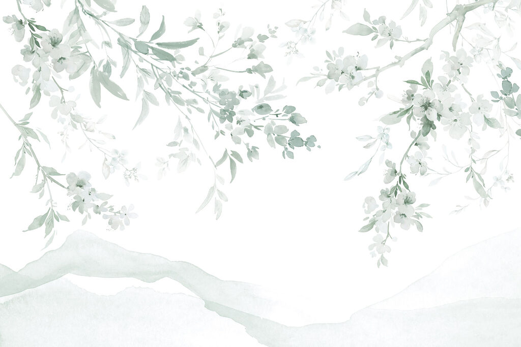 Painting of a tree branch with white flowers