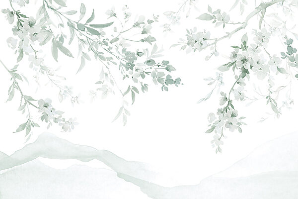 Painting of a tree branch with white flowers