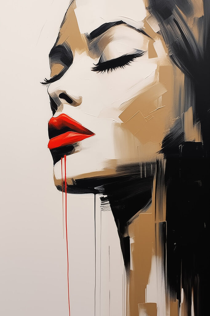 Painting of a woman with red lips and red lipstick