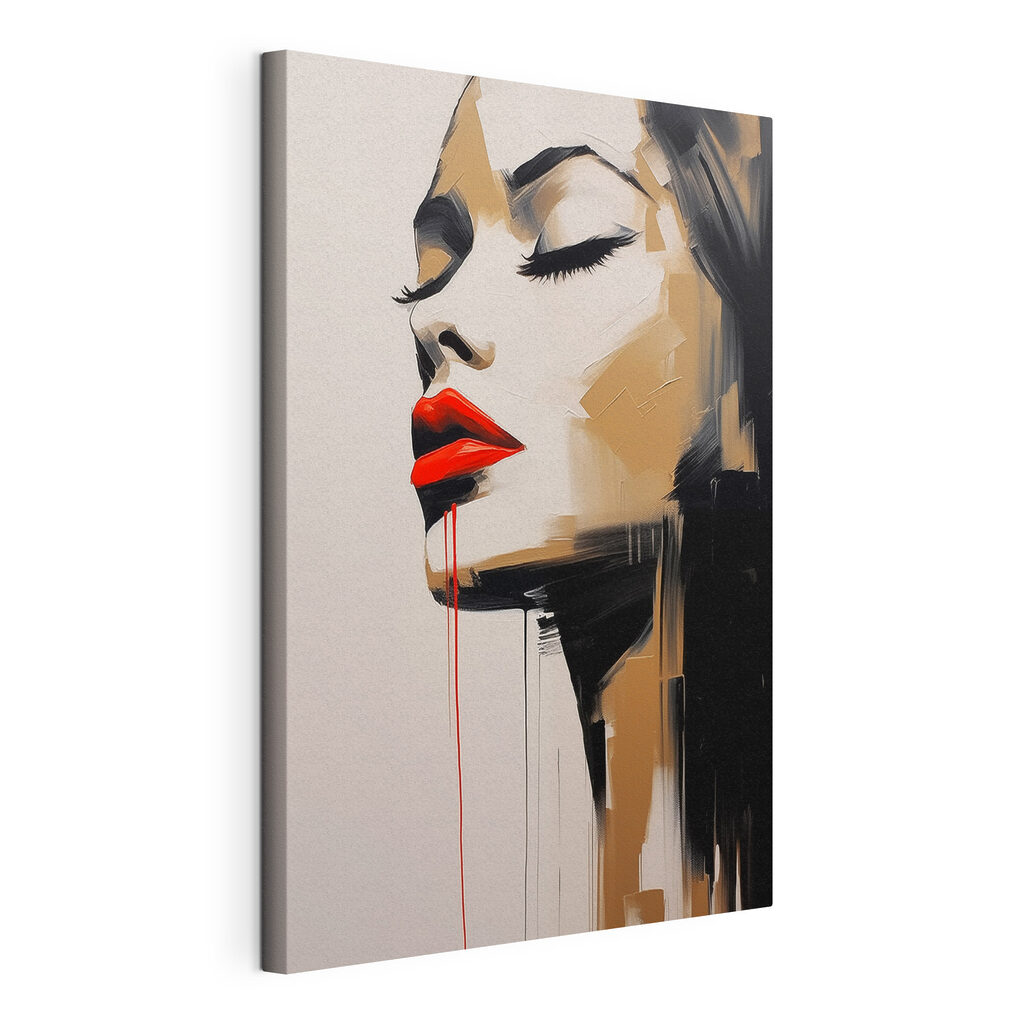 Painting of a woman with red lips and red lipstick