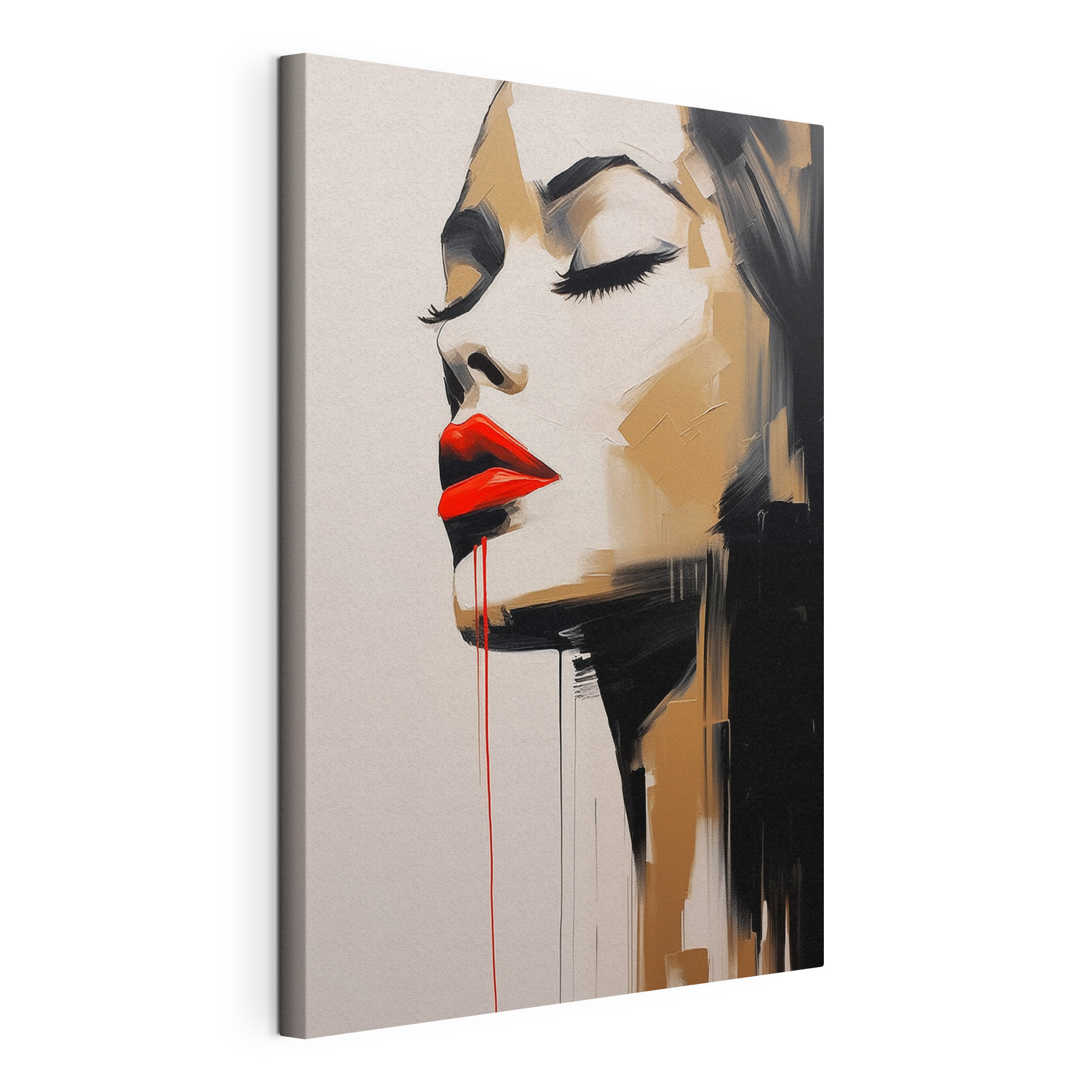Painting of a woman with red lips and red lipstick