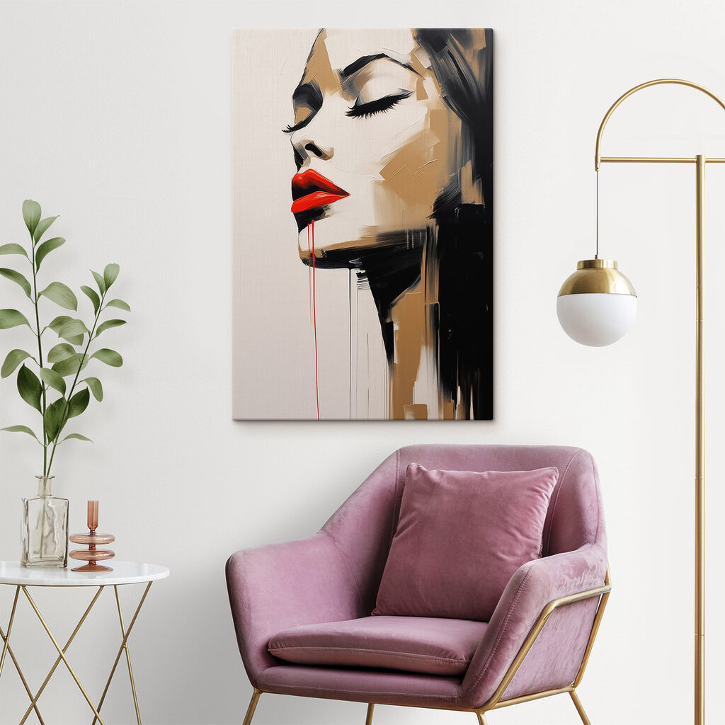 Painting of a woman with red lips and red lipstick