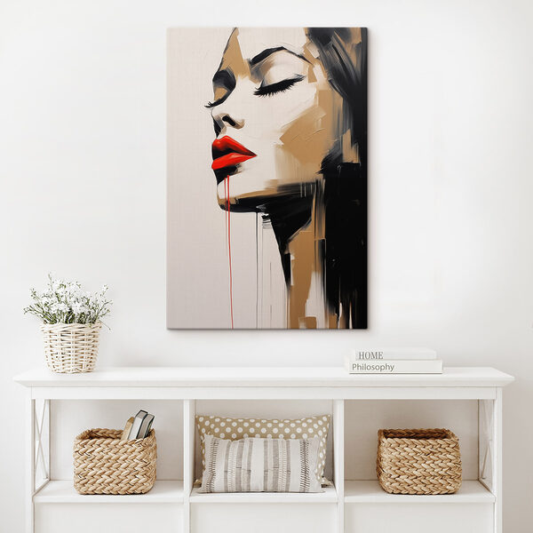 Painting of a woman with red lips and red lipstick