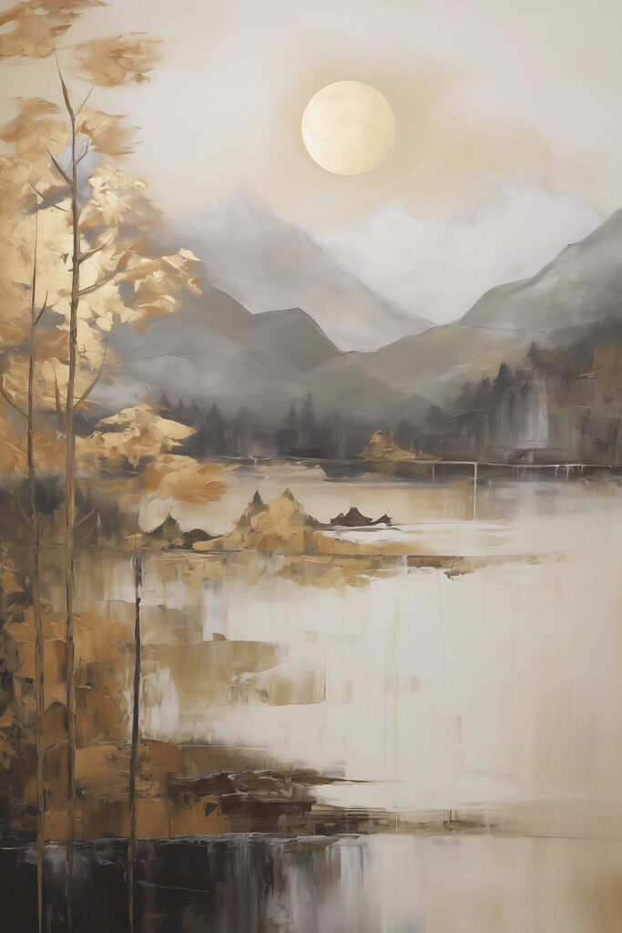 Painting of a lake with mountains and trees Painting of a lake with mountains and trees