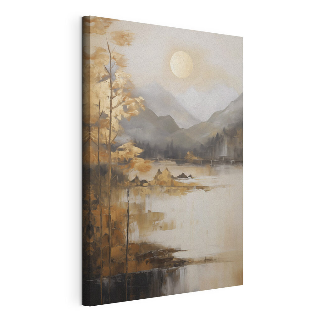 Painting of a lake with mountains and trees Painting of a lake with mountains and trees