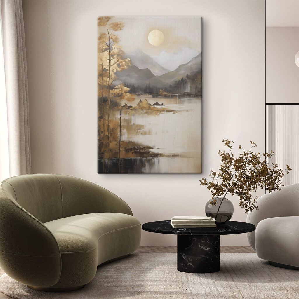 Painting of a lake with mountains and trees Painting of a lake with mountains and trees