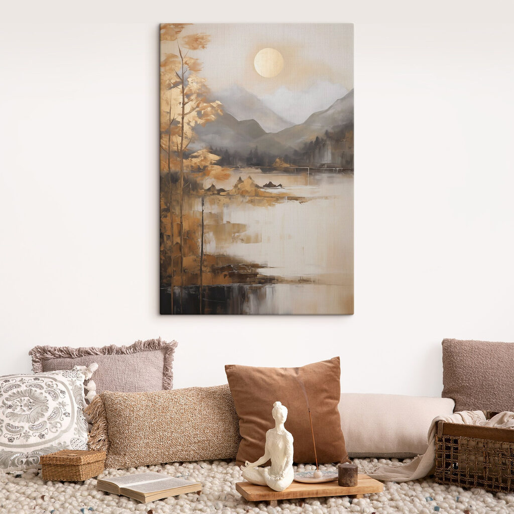 Painting of a lake with mountains and trees Painting of a lake with mountains and trees