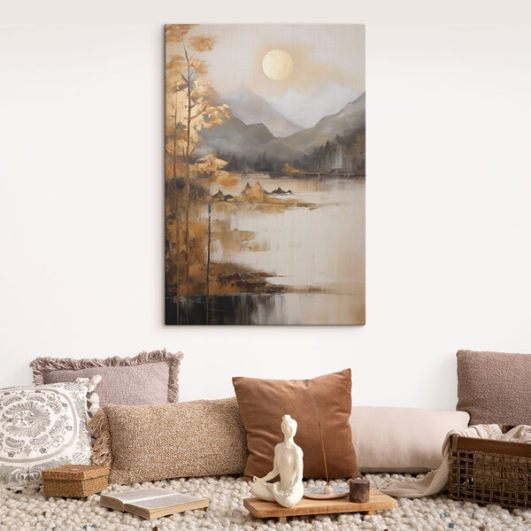 Painting of a lake with mountains and trees Painting of a lake with mountains and trees