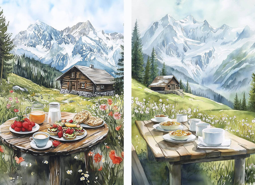 Painting of a table with food and drinks on it